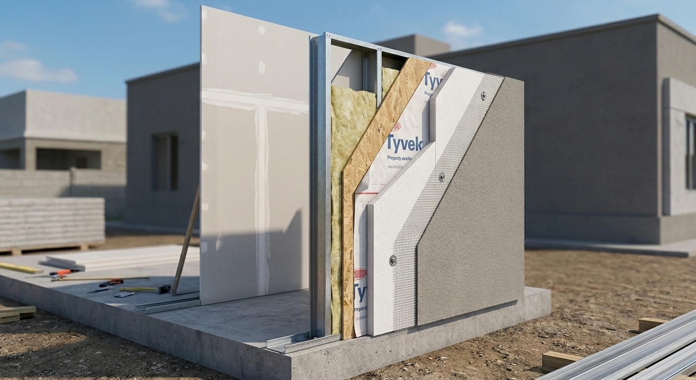 Render 3D del muro Steel Frame con todas las capas